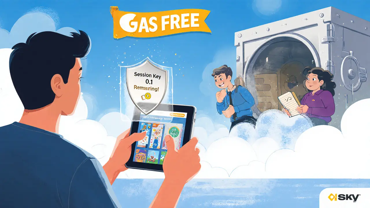 A person plays a game with invisible wallet and gas-free transactions, while outdated wallets sit abandoned in the distance.