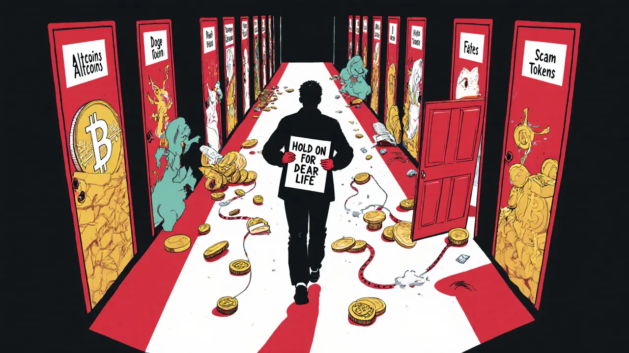 A person walks past doors representing failed crypto projects, holding a note that says &#039;Hold On for Dear Life.&#039;