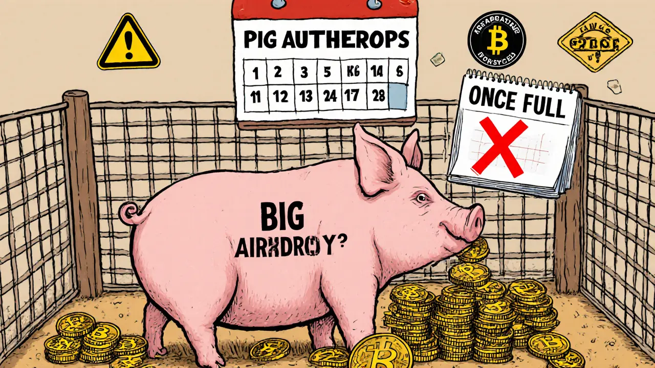 A pig being fed fake BTC airdrops in a scam pen, with a calendar marking its disappearance in 2022.