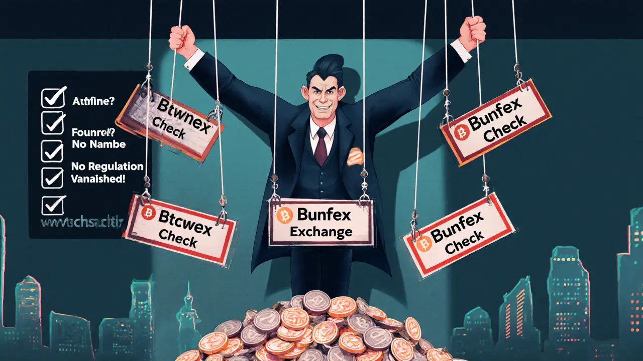 A puppet master controlling fake crypto exchange names, while real exchanges glow safely in the background.