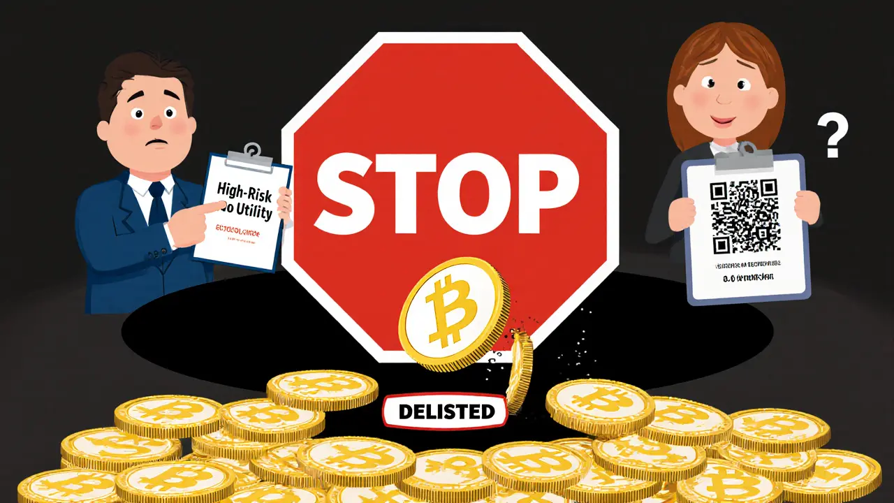 A red stop sign warning blocks FTVT coins falling into a delisting black hole as an SEC agent points.
