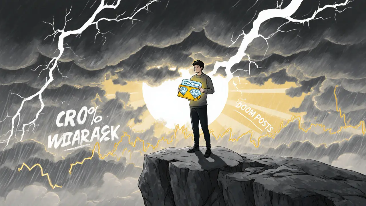 A resilient figure stands firm in a crypto storm, diamond hands glowing as price graphs rise behind them.