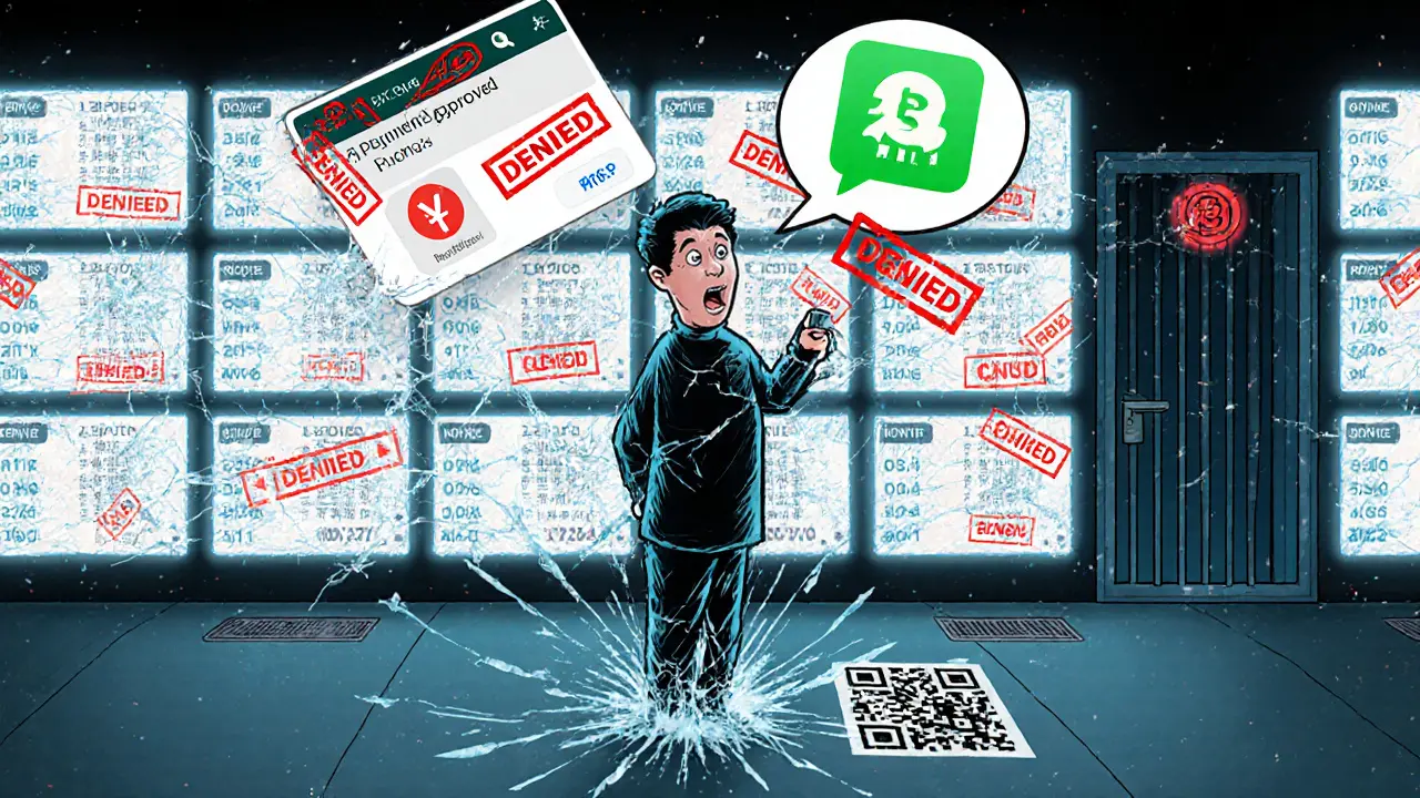 A shocked citizen faces cracked crypto screens with red denial seals, while a digital yuan payment is approved on their phone.