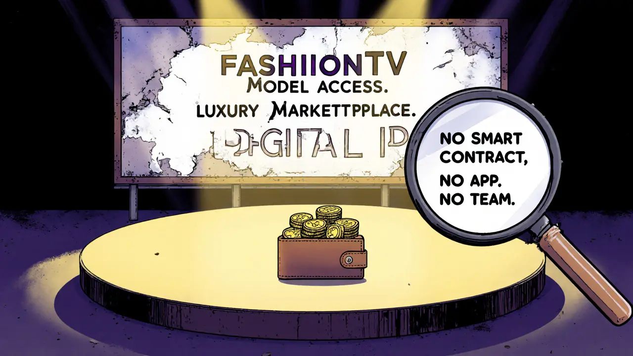 A tiny wallet on an empty stage beneath a cracked billboard with false promises of a fashion blockchain.