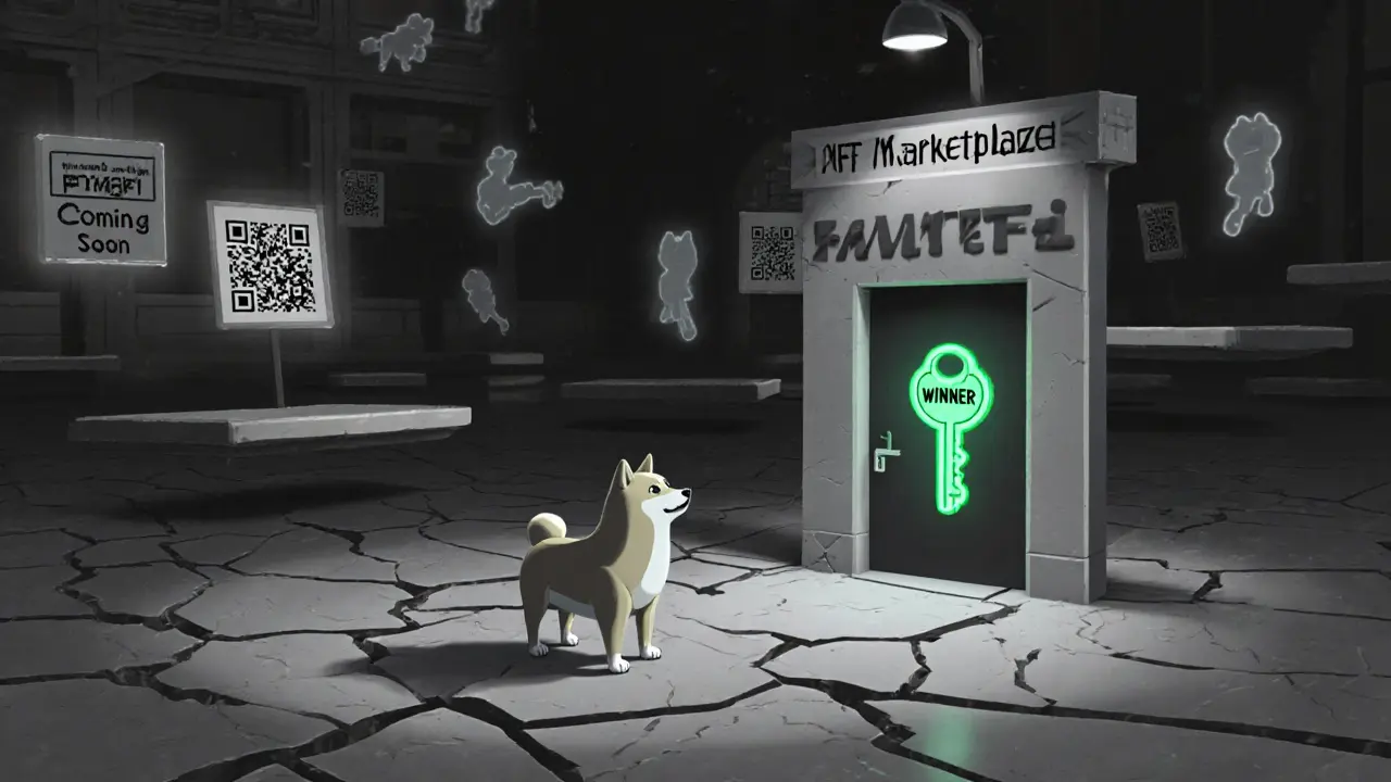 An empty metaverse plaza with a lone NFT and a glowing key above a locked door, surrounded by faded signs and drifting platforms.