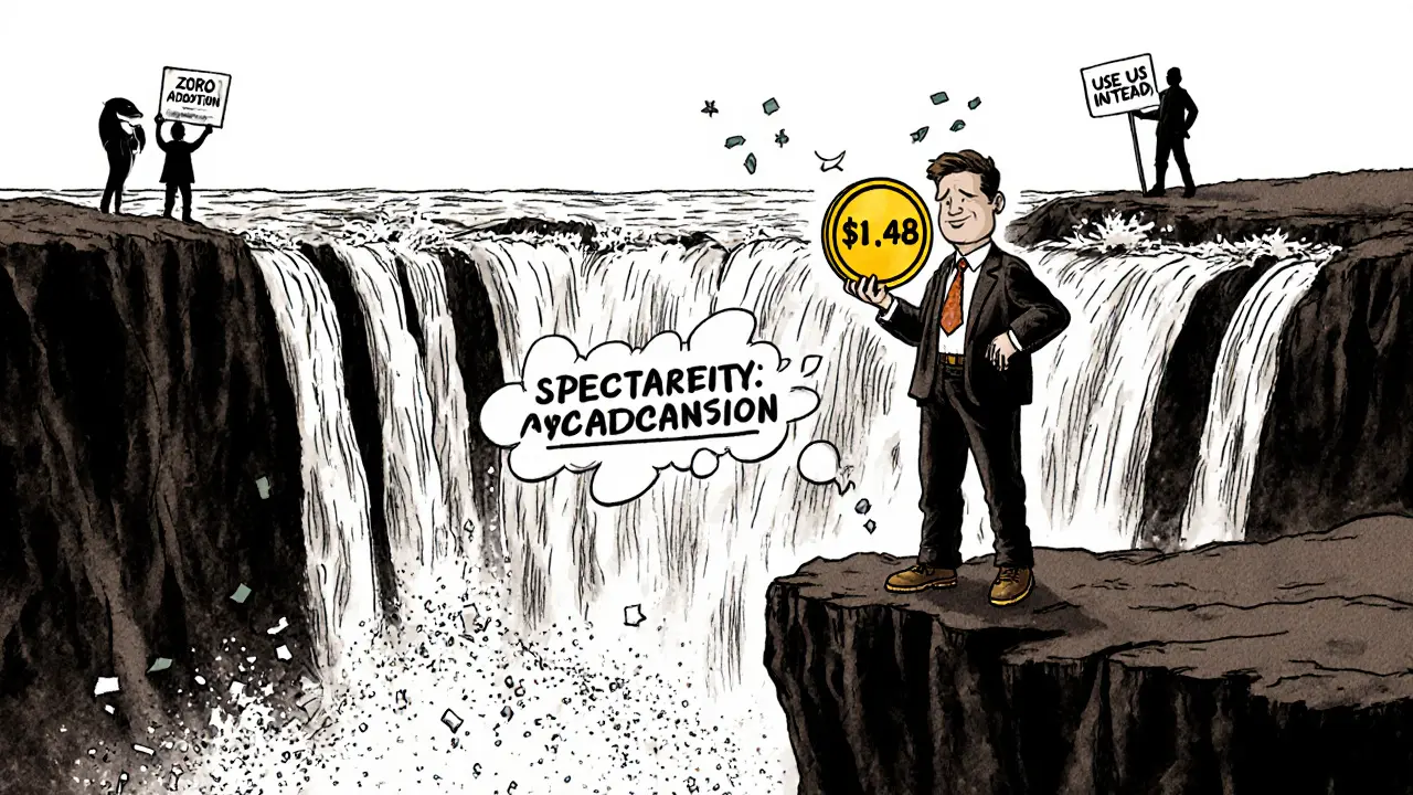 An investor on a cliff holding a small LFNTY token as a waterfall of falling prices crashes below.