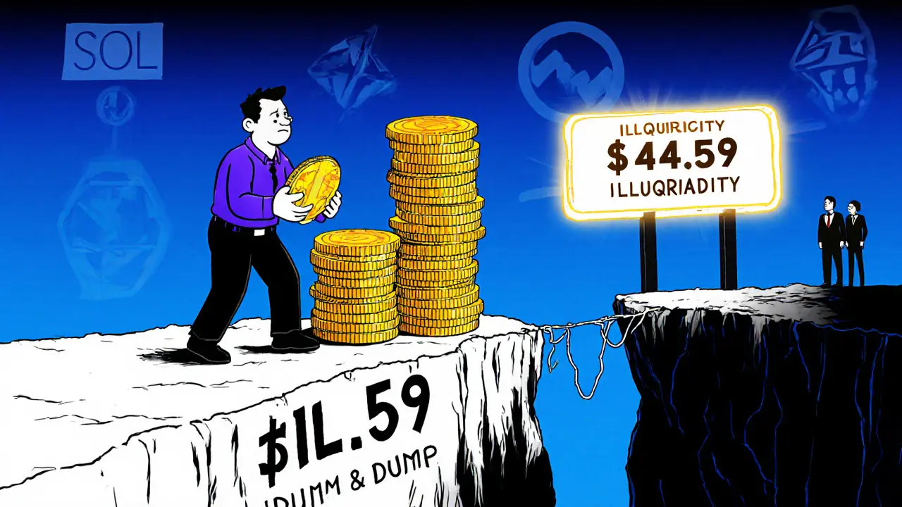 An investor overwhelmed by stacks of CHILL tokens stands on a thin bridge of low trading volume, facing a cliff labeled &#039;Illiquidity&#039;.