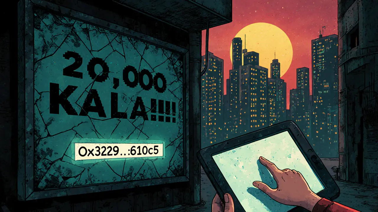 An old airdrop ad fades on a broken screen, while a glowing smart contract pulses beneath it.