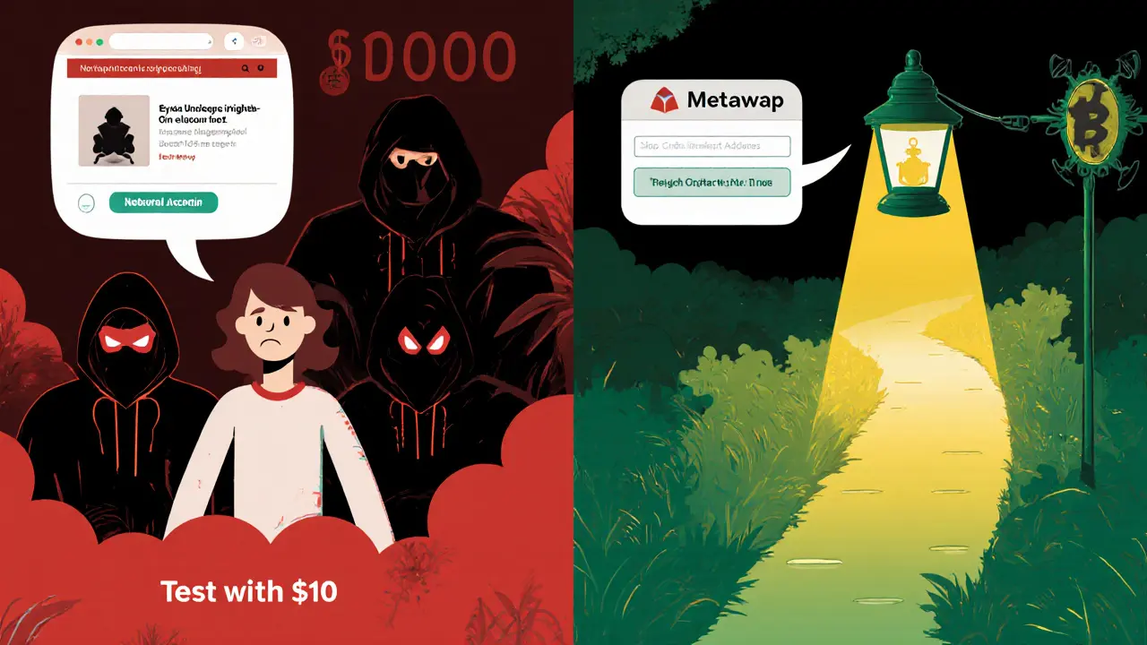 Beginner losing crypto to scam websites, contrasted with a safe path lit by a wallet labeled &#039;Test with &#039;.