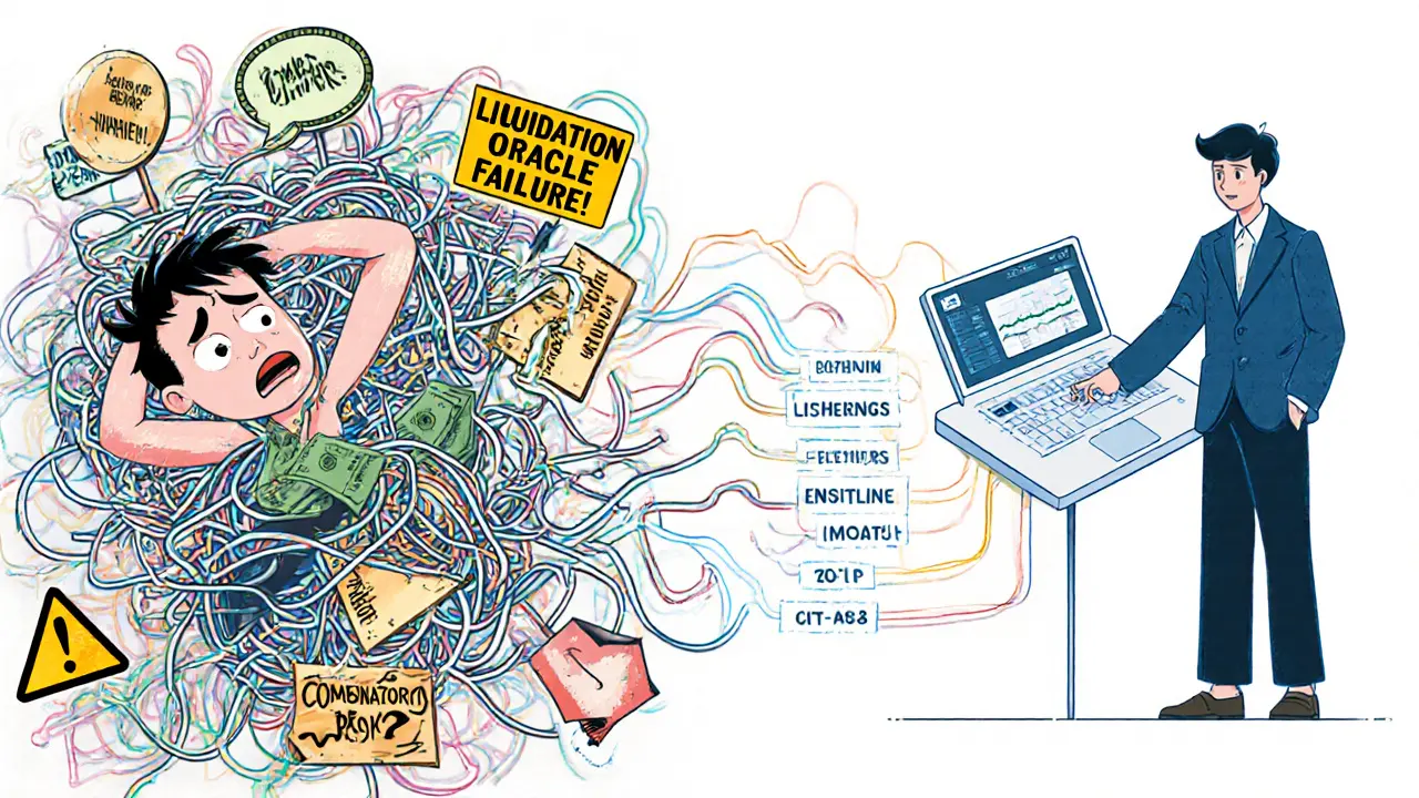 Beginner overwhelmed by DeFi risks versus expert using a simple dashboard to manage complex protocols.