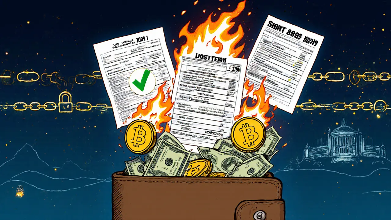 Bitcoin coins turning into tax forms and symbols, with a lost wallet and capital gains highlighted.