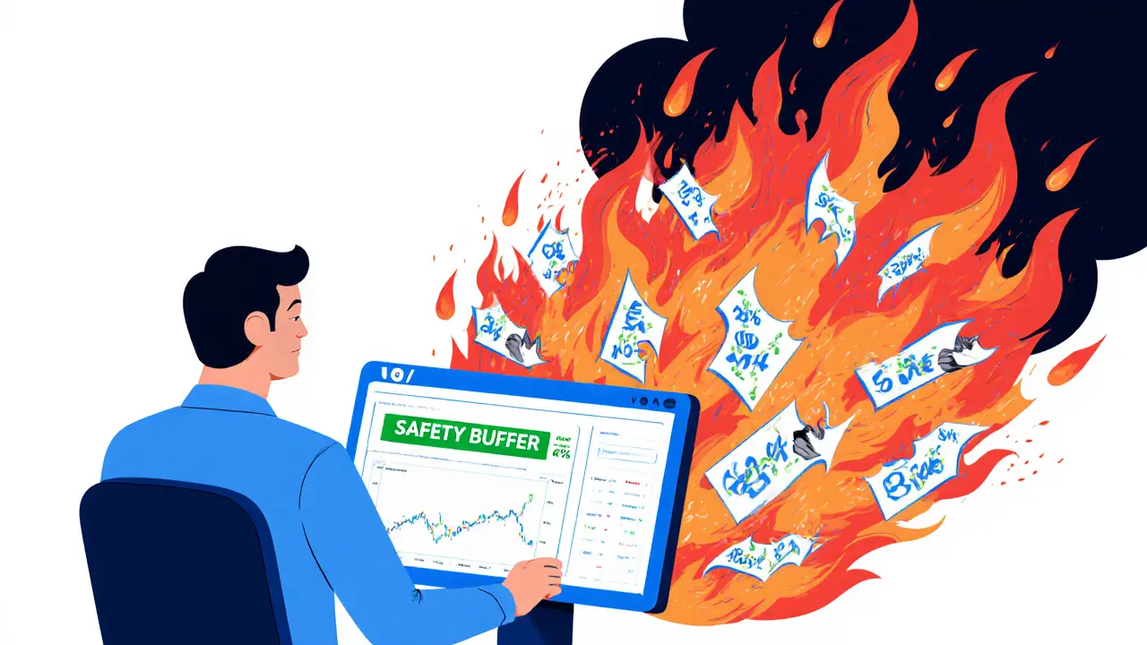 Calm trader monitors a safe equity buffer while behind them, reckless leveraged trades burn in flames.