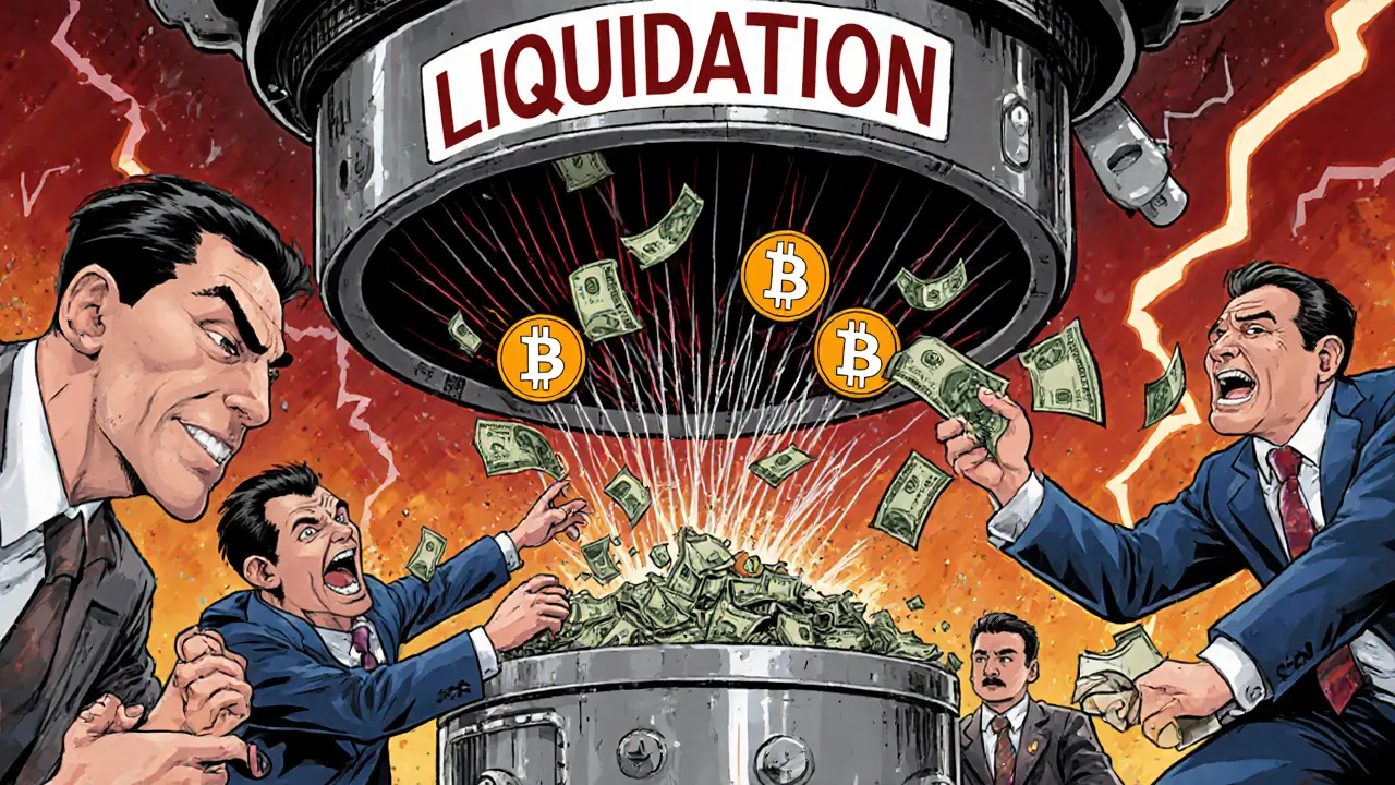 Chaotic trading floor with leveraged crypto positions being shredded by a machine labeled &#039;Liquidation&#039; as traders flee.