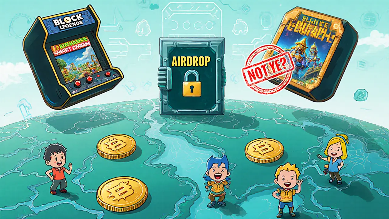 Colorful blockchain games with XCV tokens floating, a locked vault labeled &#039;Airdrop?&#039; in distance.