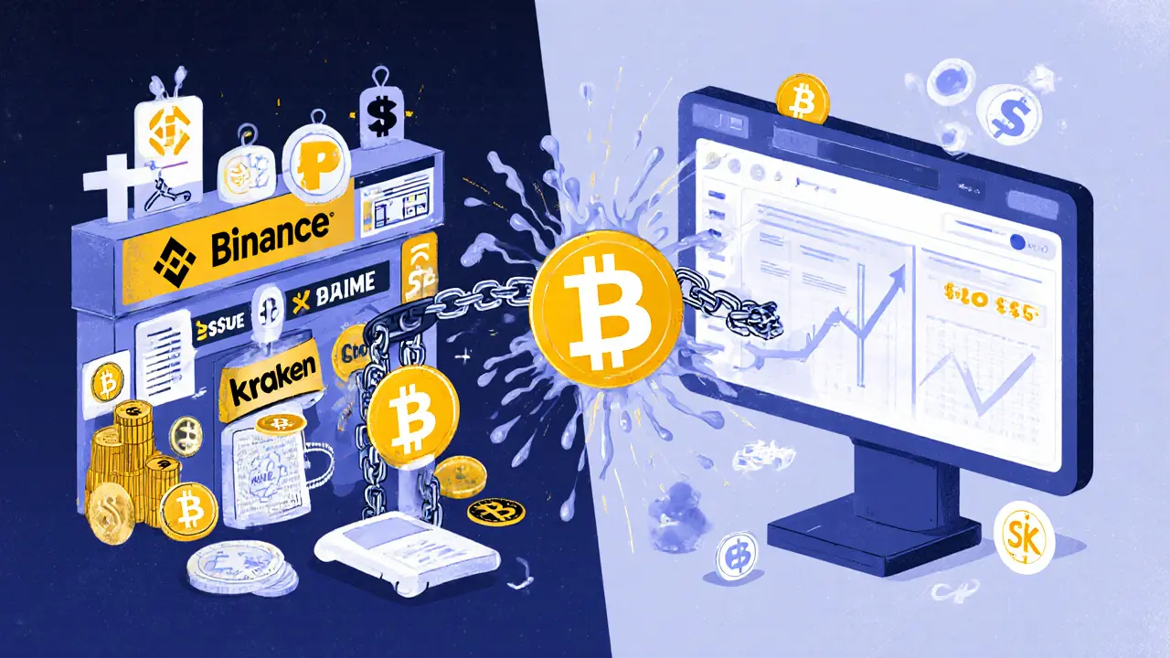 Contrast between fee-heavy traditional exchanges and sleek Paradex interface, with invisible zk-proofs encrypting trades.