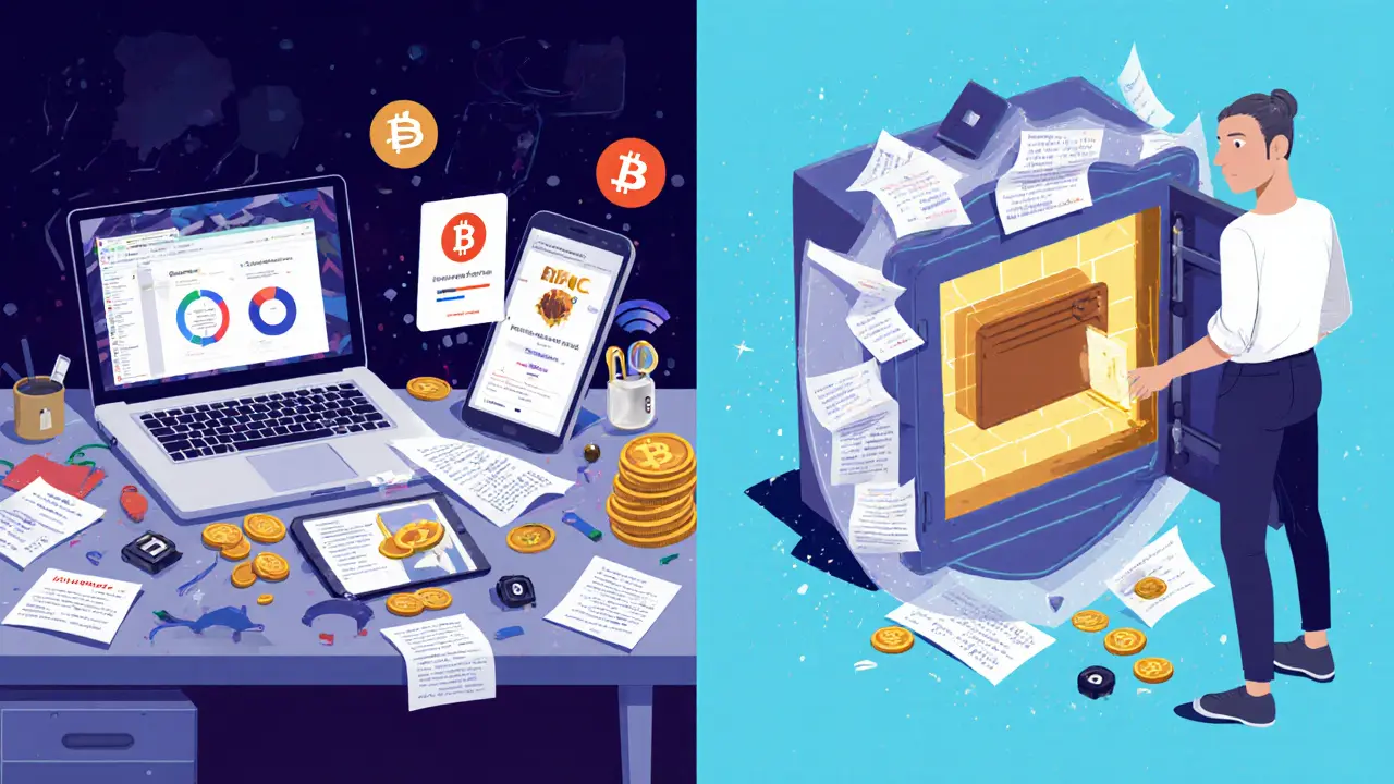 Contrasting scene: chaotic digital wallet theft on left, secure hardware wallet in vault on right.