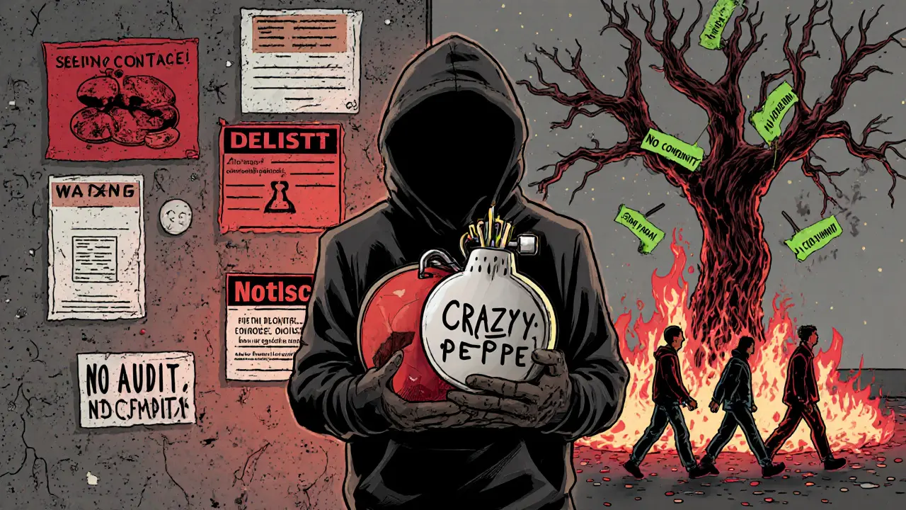 Faceless figure holding a dangerous token contract as SEC warnings and delisting notices burn behind.