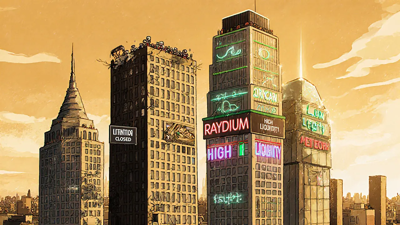 Four Solana DEX platforms shown as buildings: Lifinity is abandoned, Orca and Raydium are thriving with traders.