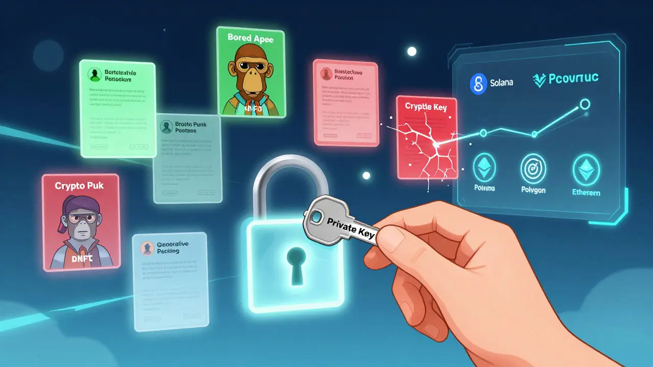 Hand inserting private key into blockchain lock, floating NFTs with license overlays, cross-chain verification dashboard in background.