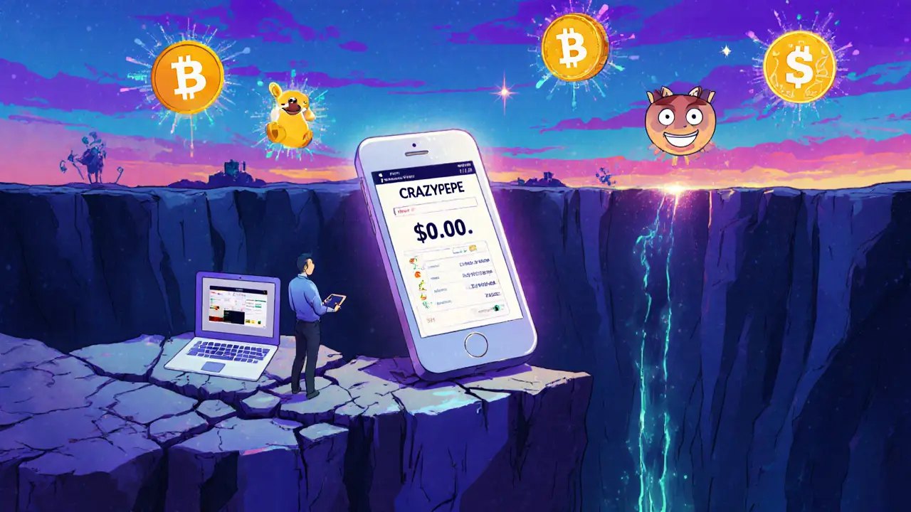 Investor staring at a <h2>No audits. No safety.</h2>.00 price tag on a phone, standing at the edge of an empty liquidity cliff.