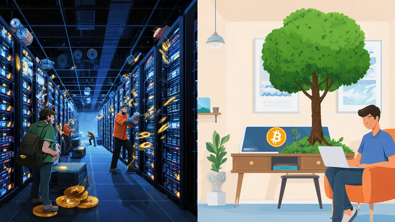 Left: chaotic data center with spinning power meters; right: calm person staking crypto on a laptop with a growing tree.