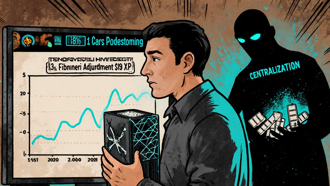 Miner watching revenue drop despite rising Bitcoin price, while a smoother difficulty algorithm emerges in the background.