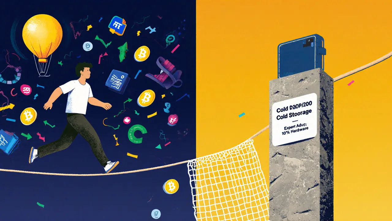 Person on tightrope between active crypto trading and secure cold storage, with expert advice below.