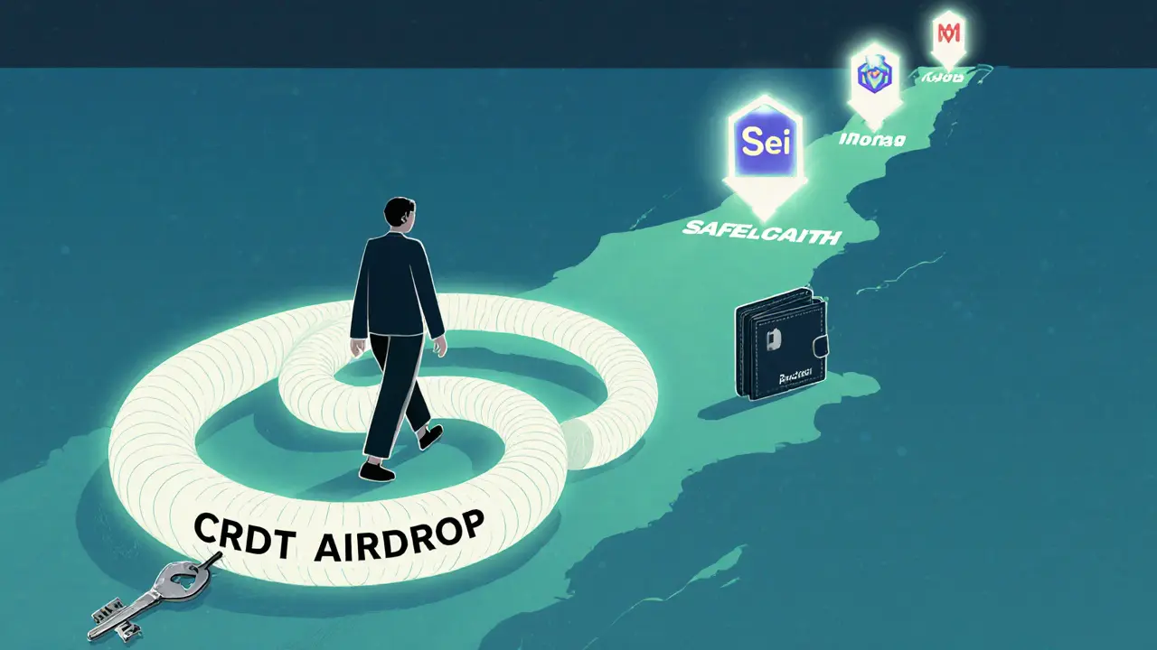 Person walking away from a CRDT scam trap toward safe, verified airdrops like LayerZero and Sei.