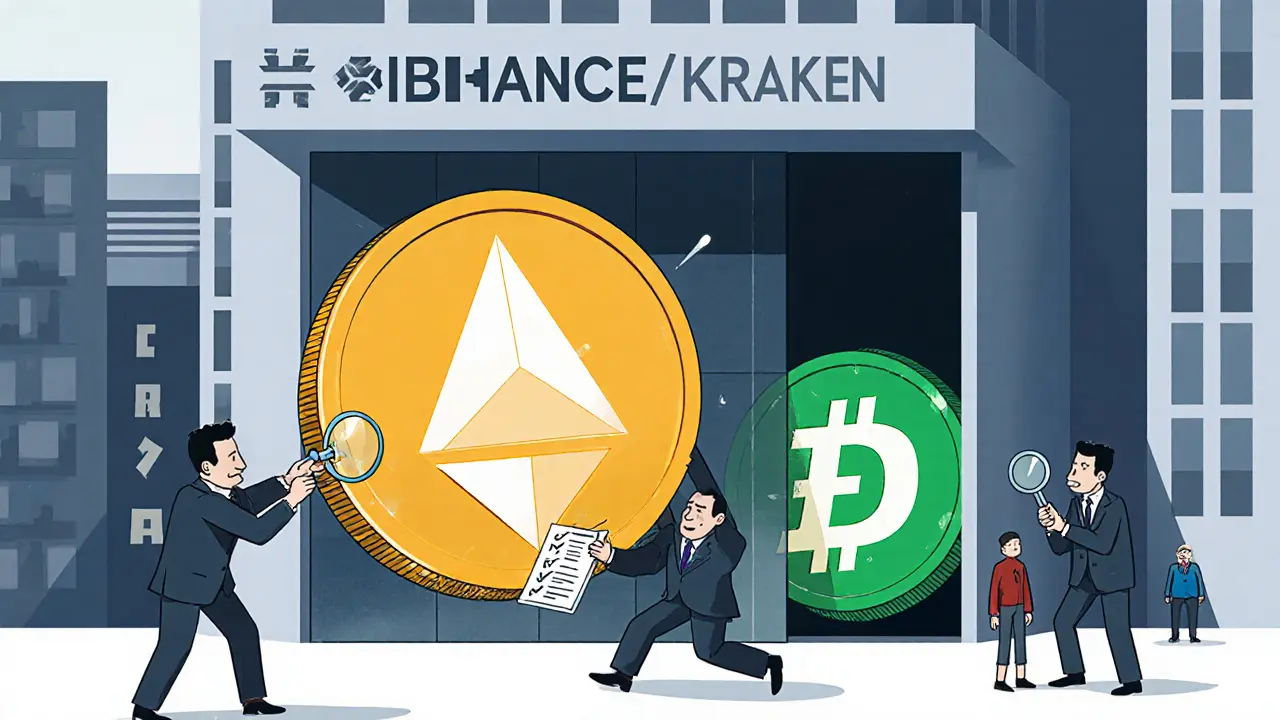 Privacy coins being expelled from a regulated exchange by compliance officers, illustrating regulatory pressure.