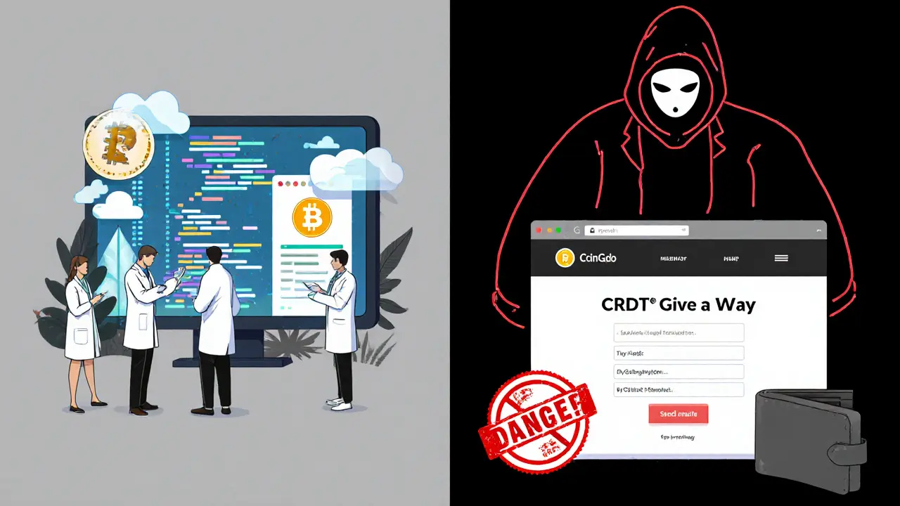 Side-by-side comparison of a legitimate airdrop versus a CRDT scam with blockchain verification.