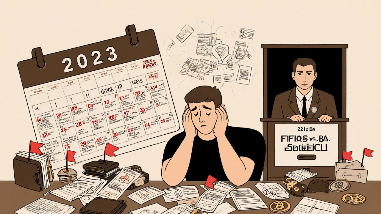 Someone reviewing crypto transactions as an IRS agent watches, with a calendar marking trades and tax rules.