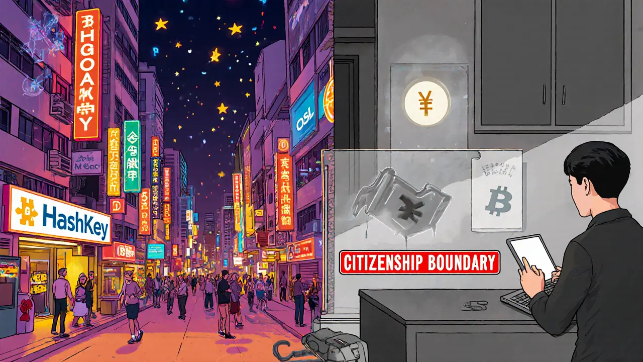 Split scene: vibrant Hong Kong crypto hub vs. silent mainland apartment with only digital yuan visible, separated by a citizenship boundary.