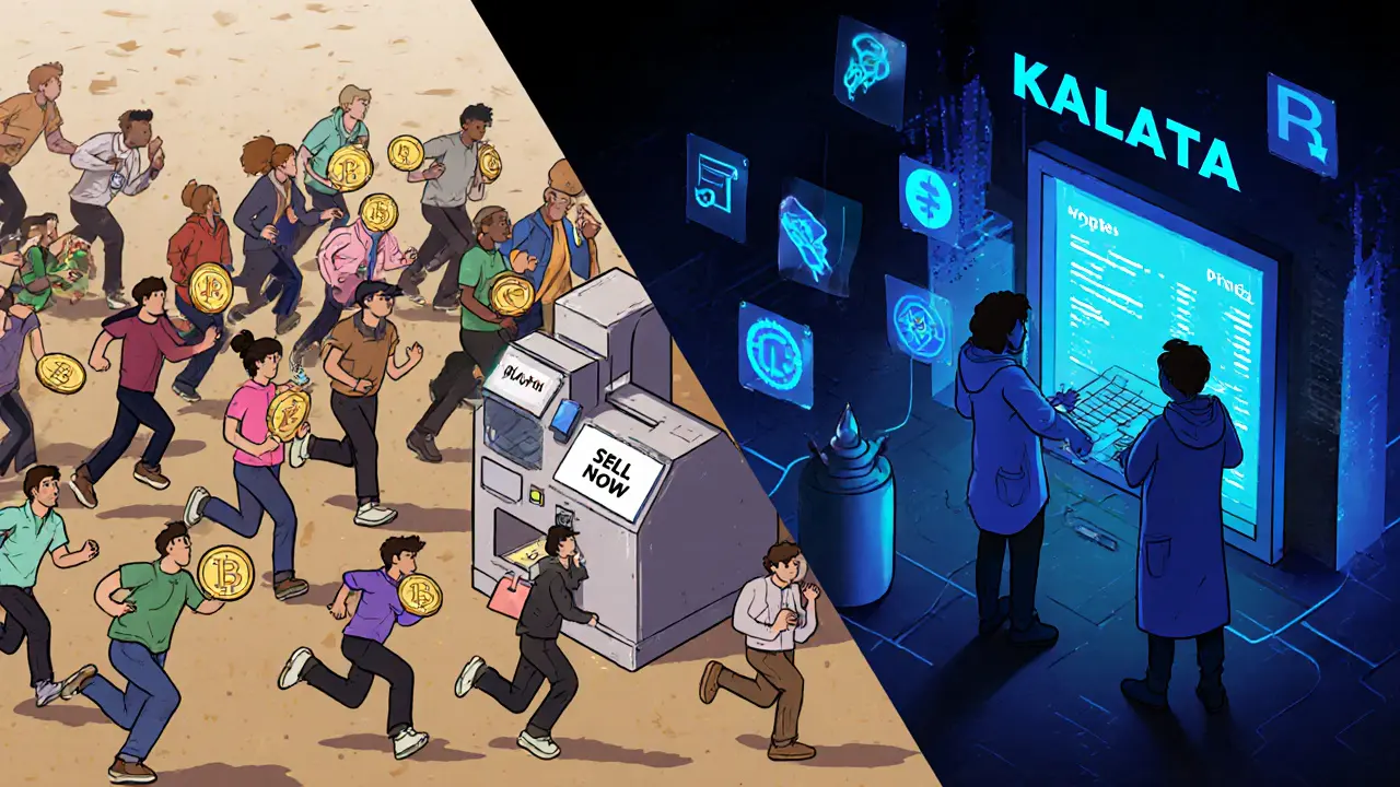 Two groups of users: one selling tokens, another building a decentralized finance protocol.