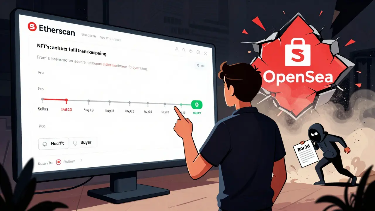 User pointing at Etherscan showing NFT transfer history, crumbling OpenSea logo behind, scammer sneaking away with fake contract.