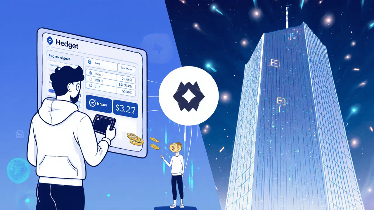 User trading on low-fee Chromia dApp versus high-fee centralized exchange, with HGET fueling smart contracts.