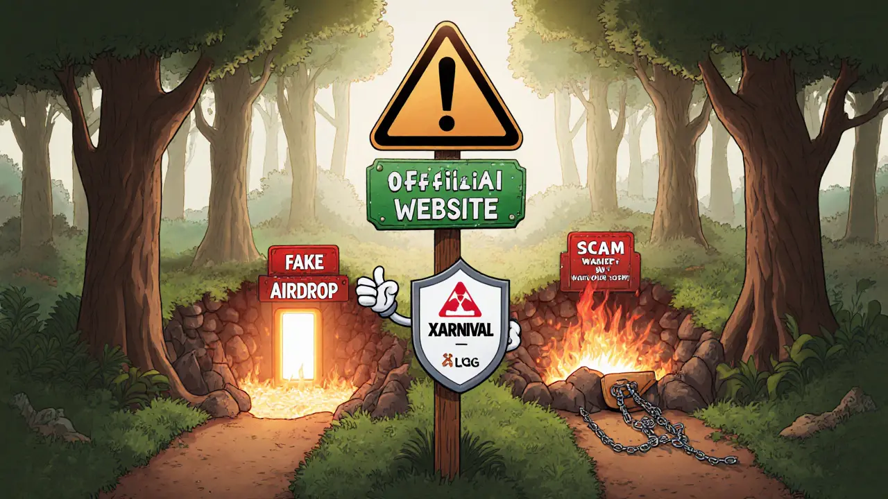 Warning signpost in digital forest guiding users to official site away from scams.