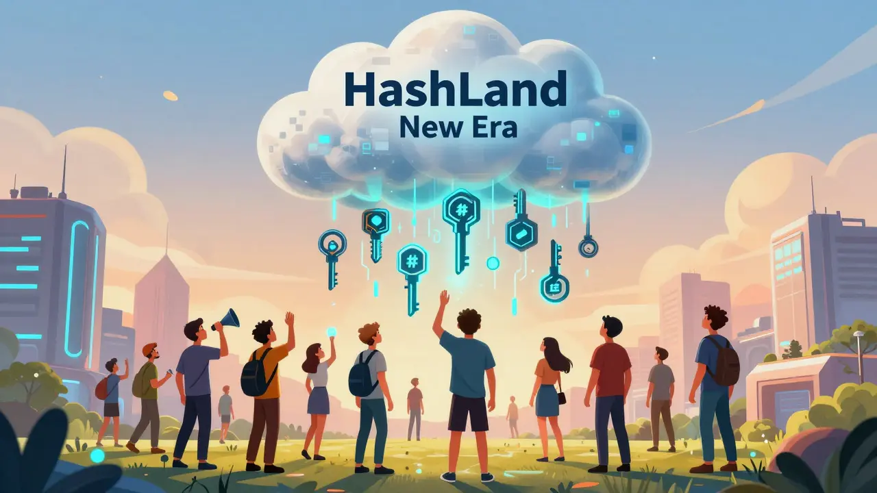 1,000 glowing NFT keys raining from a cloud onto everyday people, symbolizing access to synthetic mining.