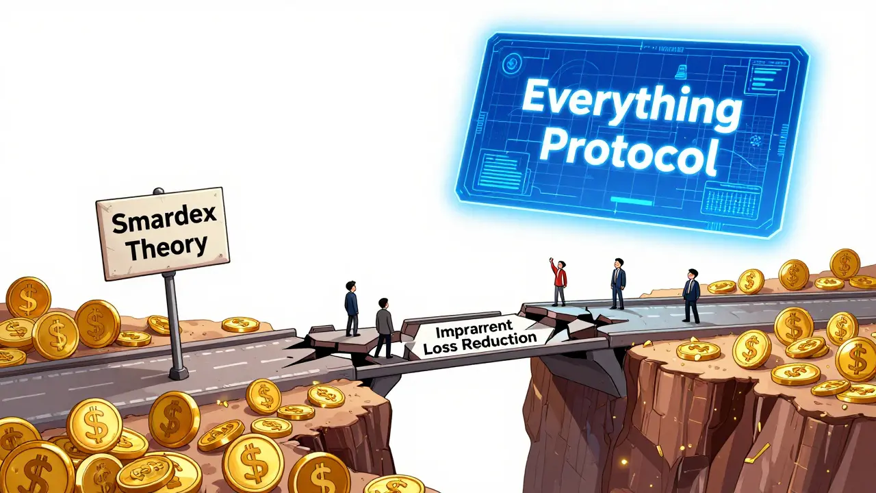 A broken bridge labeled 'Impermanent Loss Reduction' floats over a chasm of crypto symbols.