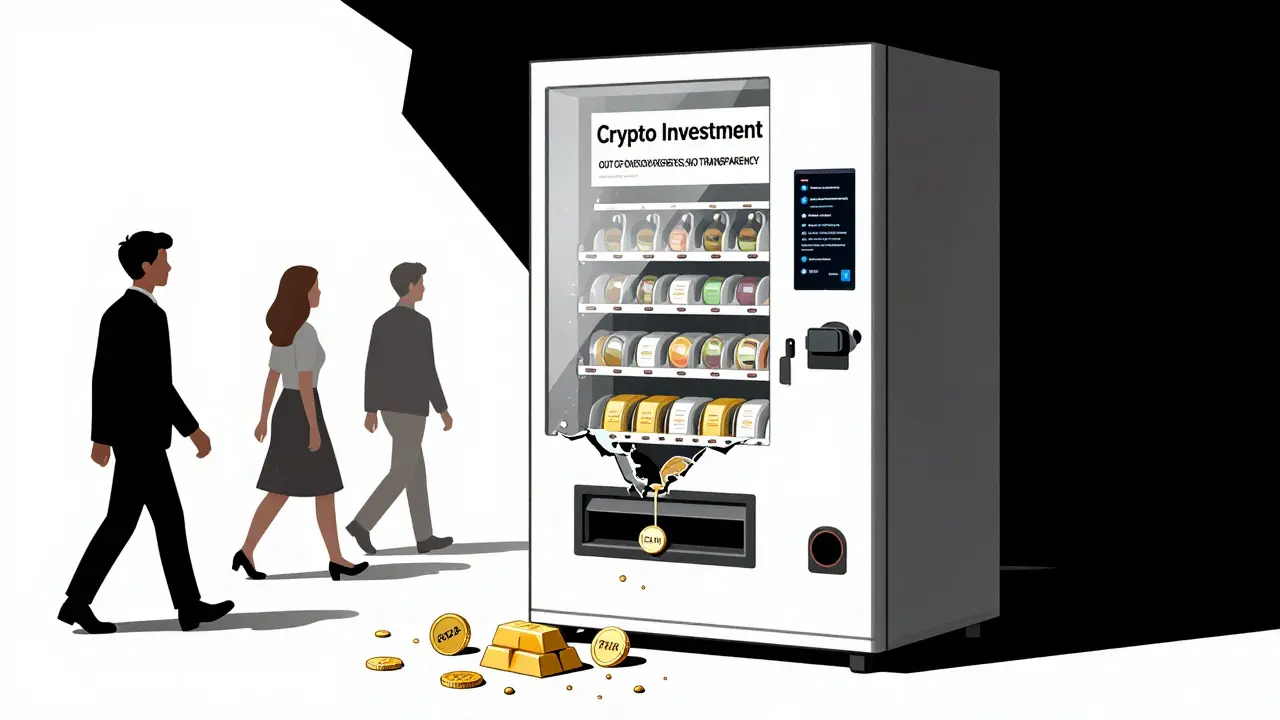 A broken crypto vending machine spits out only BSTR tokens while real assets walk away.