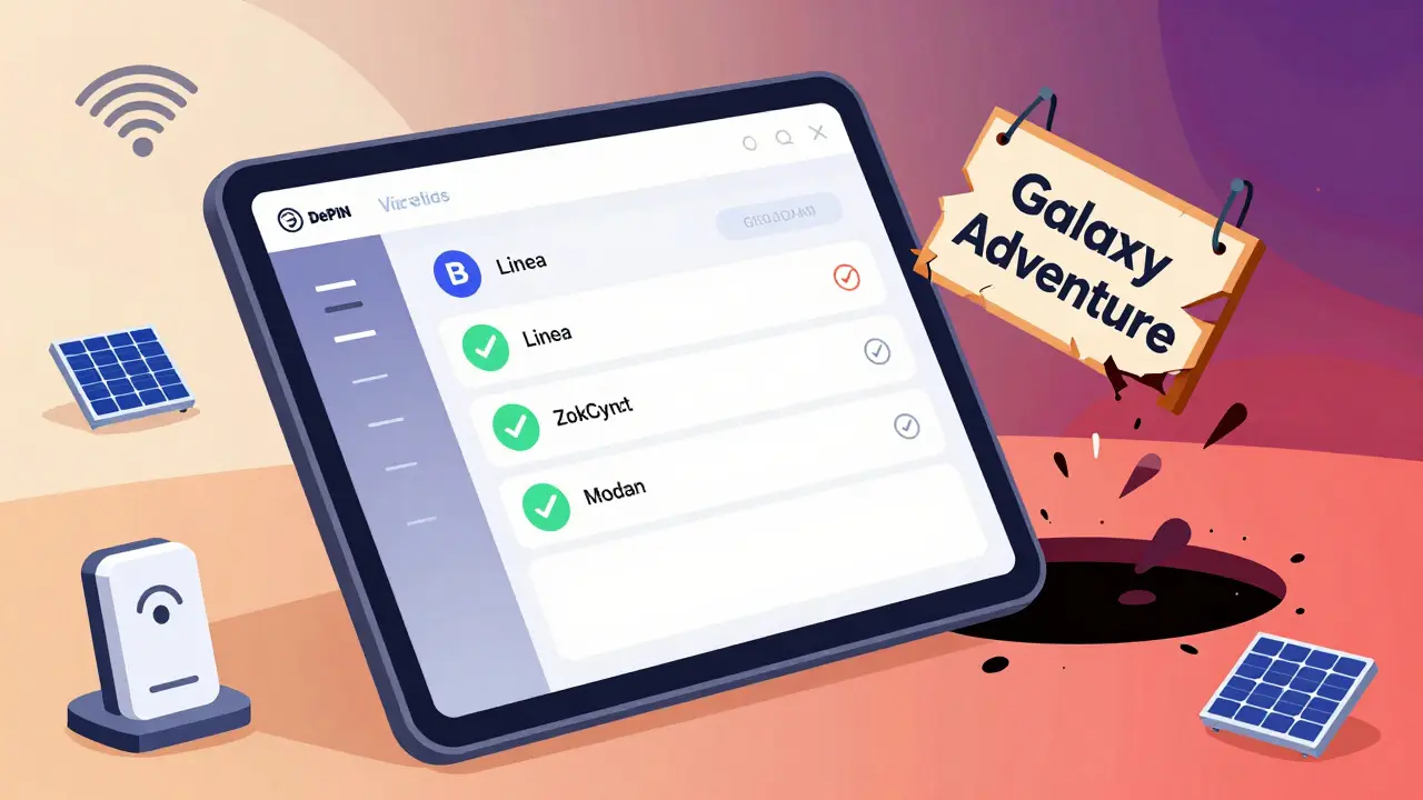 A clean crypto dashboard with real 2025 airdrops, while a fake Galaxy Adventure sign falls into a black hole.
