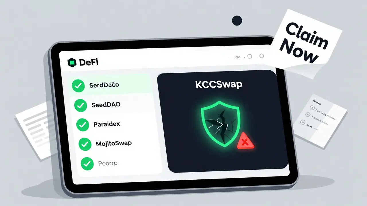 A DeFi dashboard with verified airdrops listed, and an empty, warning-marked slot for KCCSwap.