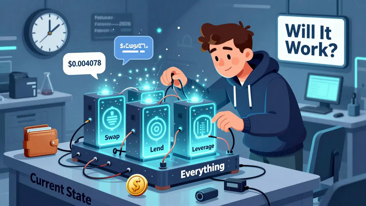 A developer tries to merge three DeFi functions into one chaotic machine labeled 'Everything'.