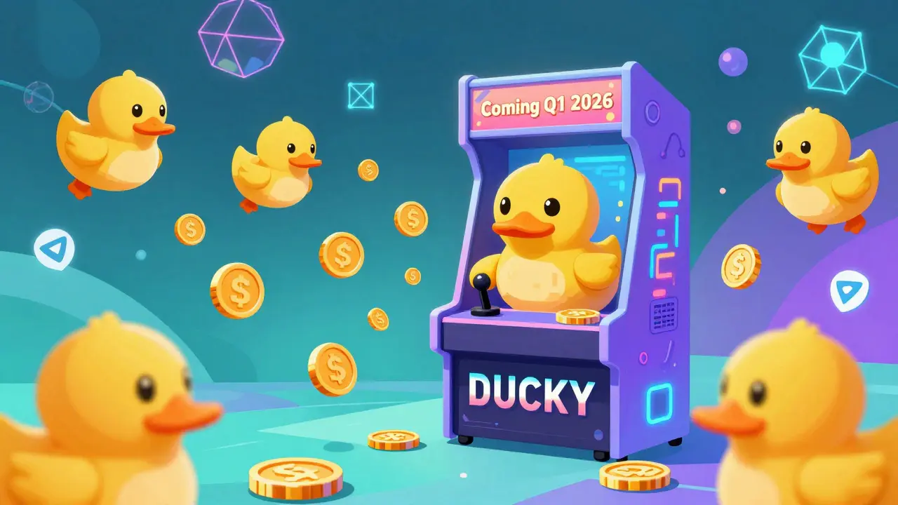 A duck playing a retro-futuristic arcade game called &#039;Duckiverse&#039; with floating crypto coins.