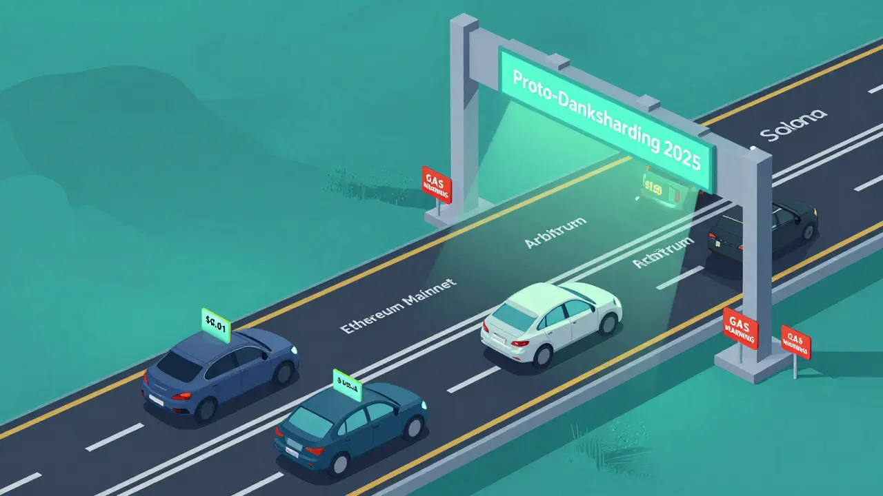 A futuristic highway with smooth low-fee lanes and a congested Ethereum lane under a &#039;Proto-Danksharding&#039; banner.