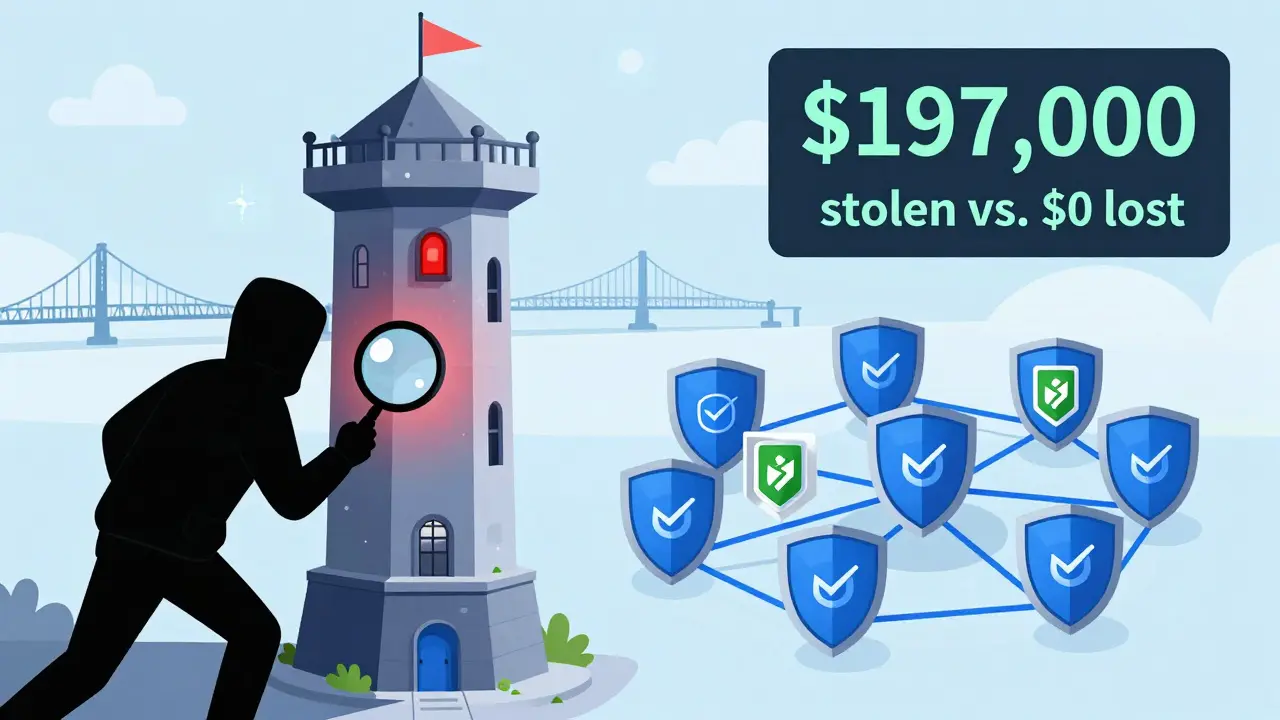 A hacker attacks a single oracle node while a decentralized network successfully blocks the breach.