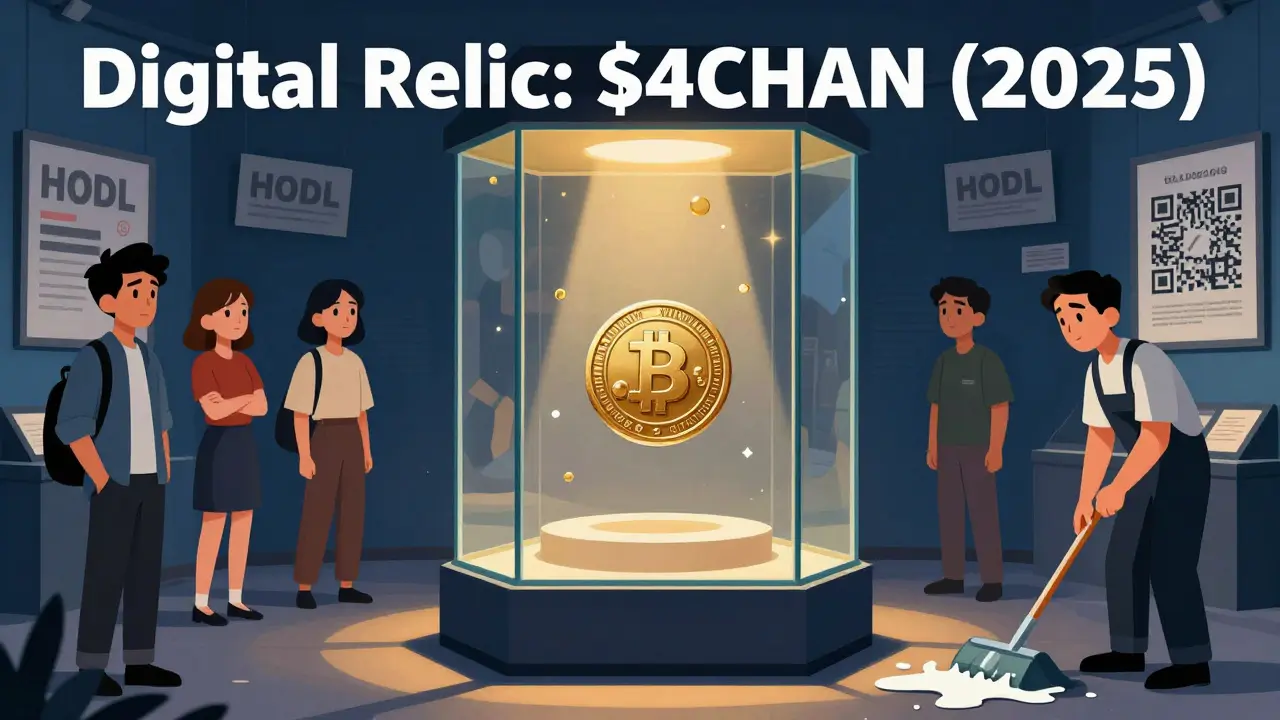 A museum exhibit displaying CHAN as a digital relic among faded memes and discarded signs.