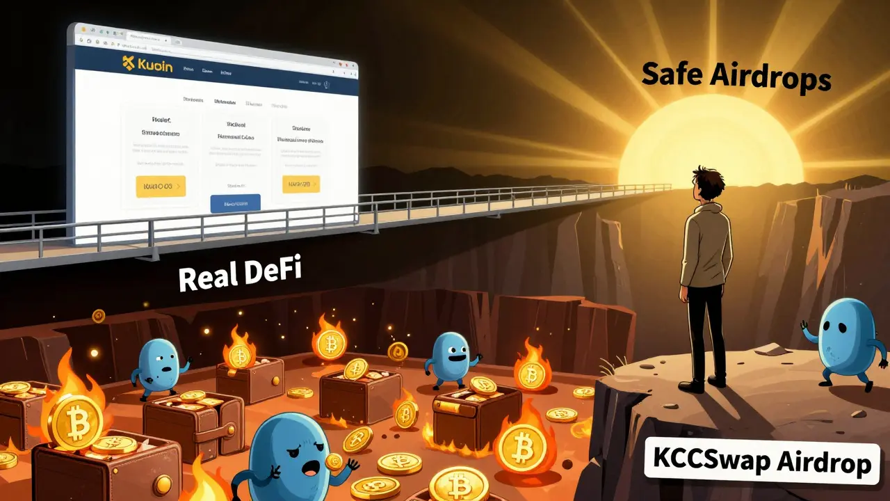 A person on a safe bridge of verified projects, looking down at a pit of burning wallets labeled KCCSwap scams.