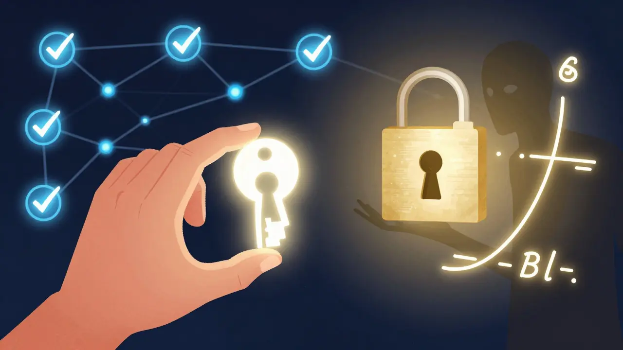 A person with private and public keys, verified by a network of nodes, protected by a math equation.