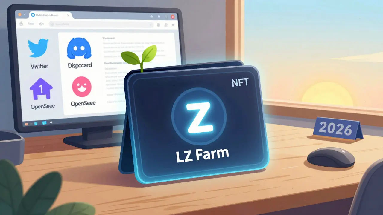 A personal wallet with a glowing LZ Farm NFT on a desk, surrounded by community platform icons.