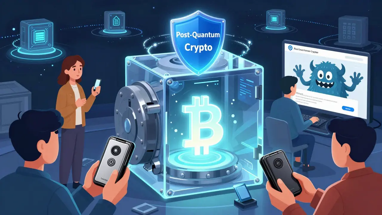A secure Bitcoin vault protected by hardware wallets, while phishing and quantum threats loom nearby.